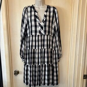 Maeve Anthropologie Black and White Buffalo Plaid Long Sleeve Dress size L